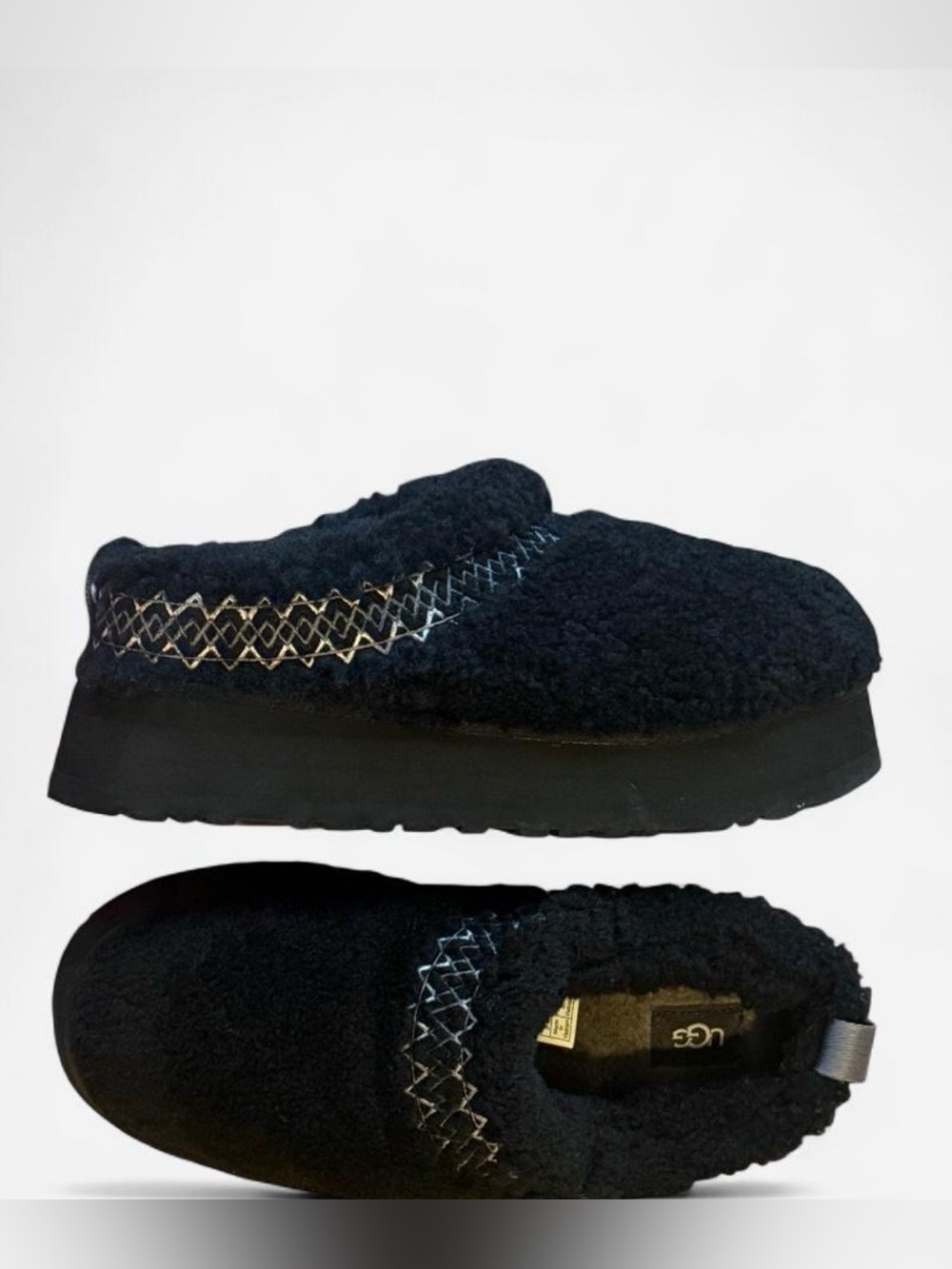 UGG Black Fuzzy Slip-On Clog with Stitch Detail